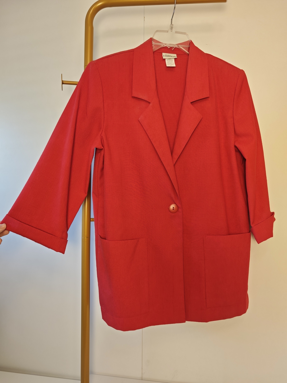 Vintage Red Single-Button Notch Lapel Blazer with Patchwork Pockets, Size Small